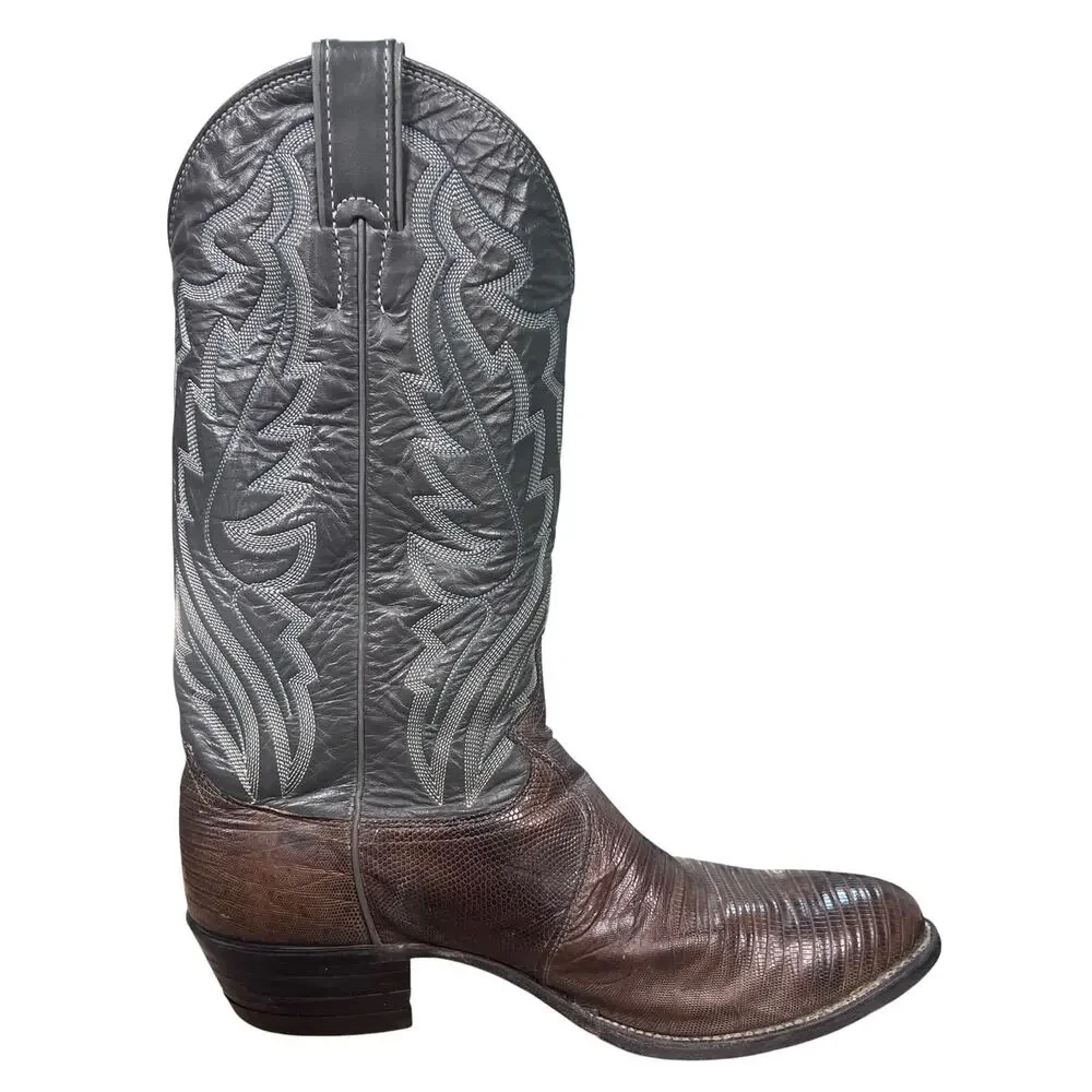 Vintage Justin Men's Brown Teju Lizard Skin Cowboy Boots Size 9.5 D